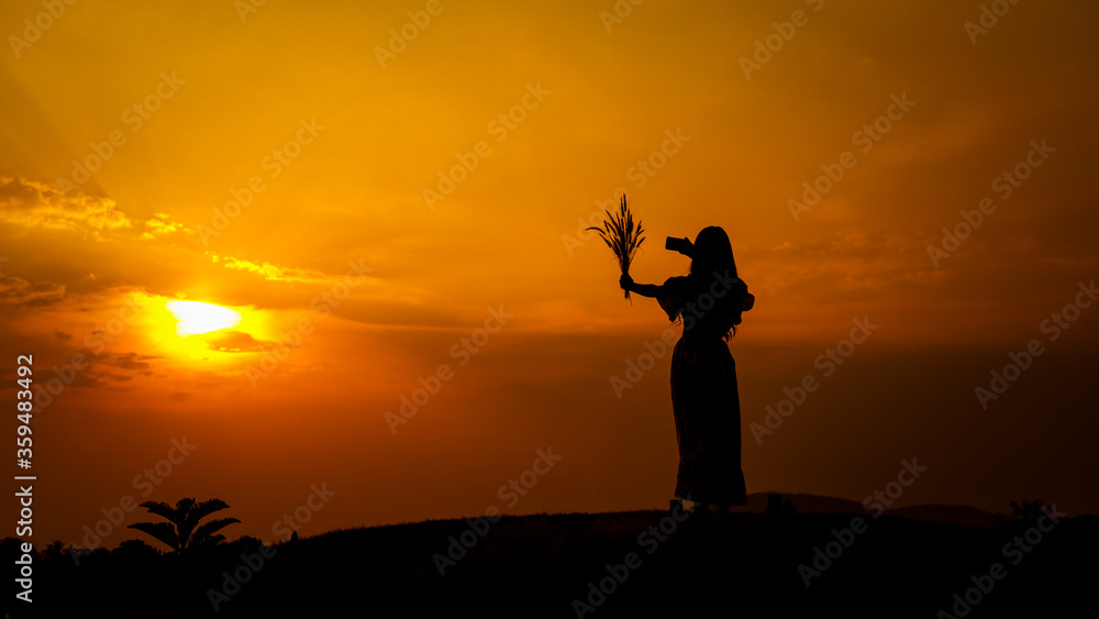 silhouette of a woman holding a photocamera by smartphone and .grass flower on hand in nature