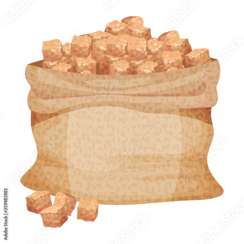 Pile of Brown Sugar Cubes in Sack as Sweetener for Tea and Coffee Vector Illustration