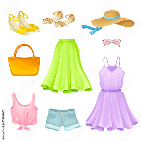 Summer Clothing with Denim Blue Shorts and Open Toe Shoes Vector Set