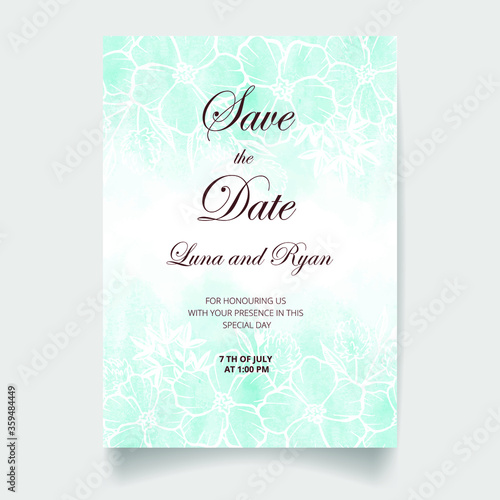Wedding invitation card, save the date with watercolor background, flowers, leaves and branches.