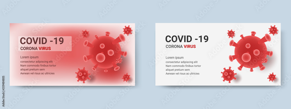 Covid-19 design on two color background red and white. Horizontal banner coronavirus symbol. pandemic global. space for text.