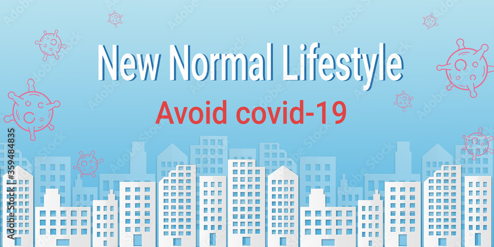 red virus design with white building in paper cut style on blue background. learn to new normal lifestyle. 
campaign to protect and avoiding coronavirus or covid-19 infection. space for text.
