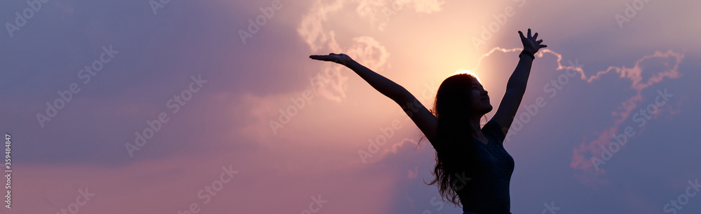 Εκτύπωση καμβά Happy confident Asian woman raising her hands up relax on summer vacation time, carefree girl being in nature, freedom people