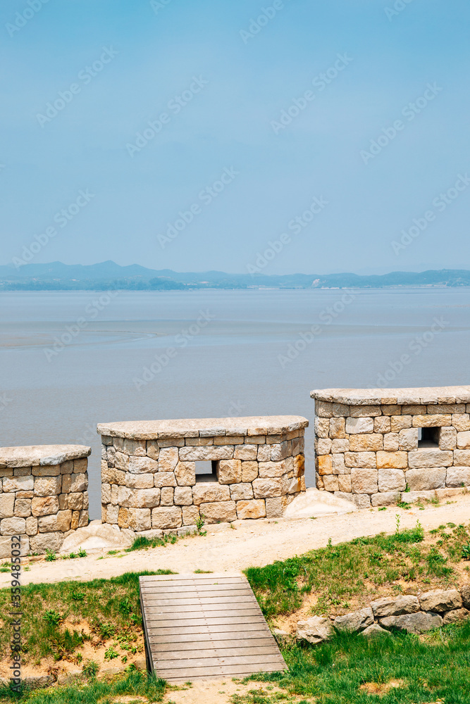 Naklejka premium Ganghwa island Yeonmijeong Pavilion Wolgotdondae fortress and river in Incheon, Korea