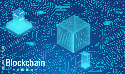 Abstract neon color blockchain isometric concept banner. Digital Technology blocks connection with each other and shapes crypto chain. Abstract technology background. Vector illustration.