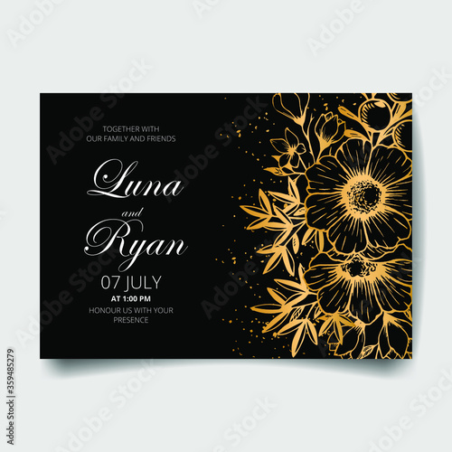 Wedding invitation card, save the date with golden frame, flowers, leaves and branches.