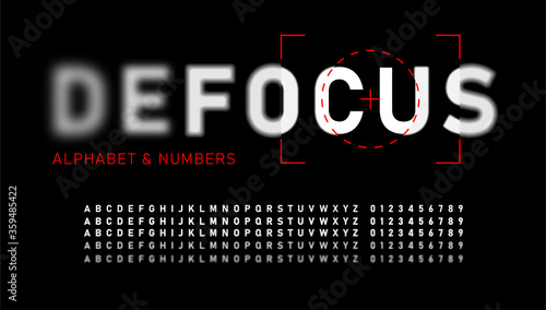 Realistic blurred font. Alphabet with focused and defocused letters and numbers. Bold letters isolated on black background. Vector illustration