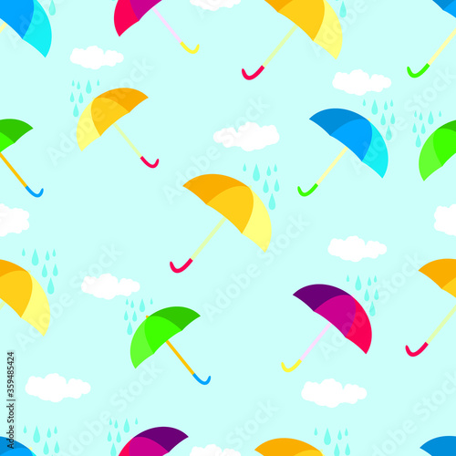 seamless pattern with cute umbrella and rain clouds. Vector Illustration