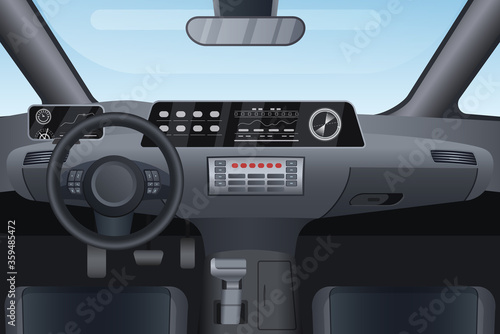 Car auto salon interior vector illustration. Cartoon flat details of front automobile dashboard black panel, window windshield, rudder steering wheel, mirror. Modern car vehicle inside view background