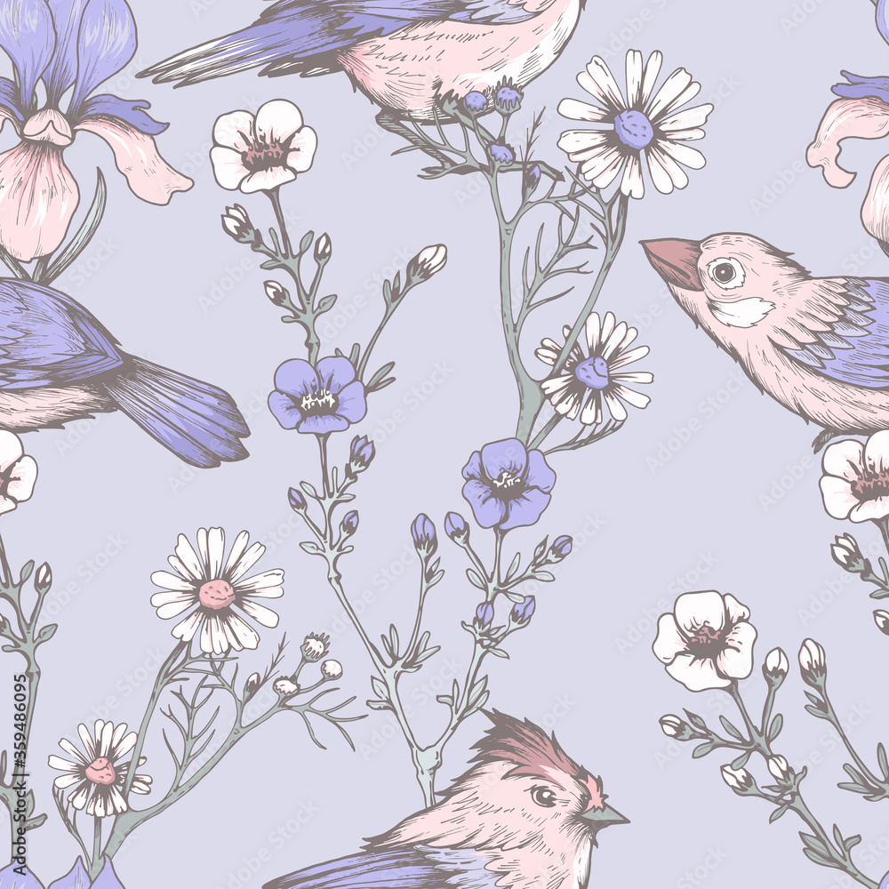 Fototapeta premium Seamless pattern with hand drawn flowers and birds