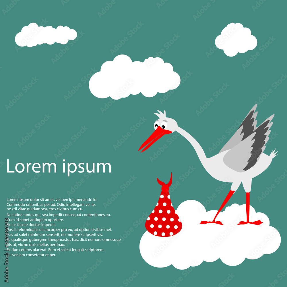 Obraz premium Baby arrival card - Baby shower invitation card with cute stork. Vector illustration
