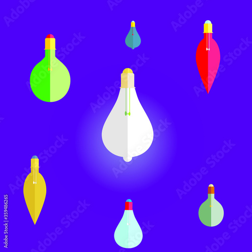 Set of hanging light bulbs with one glowing. Trendy flat vector light bulb icons with concept of idea on background. Copy space for your text