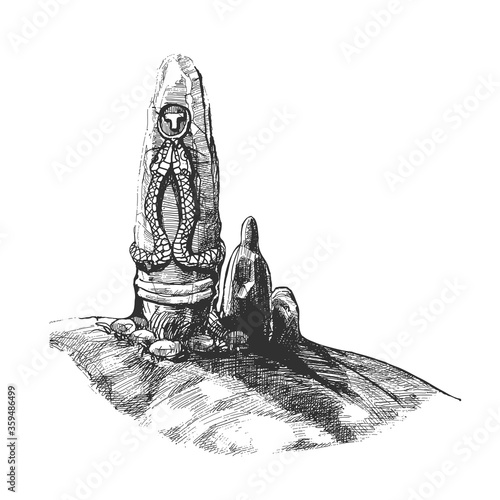 Ancient Religion, Menhir, Ritual Stone Sketch Drawing. Vector	