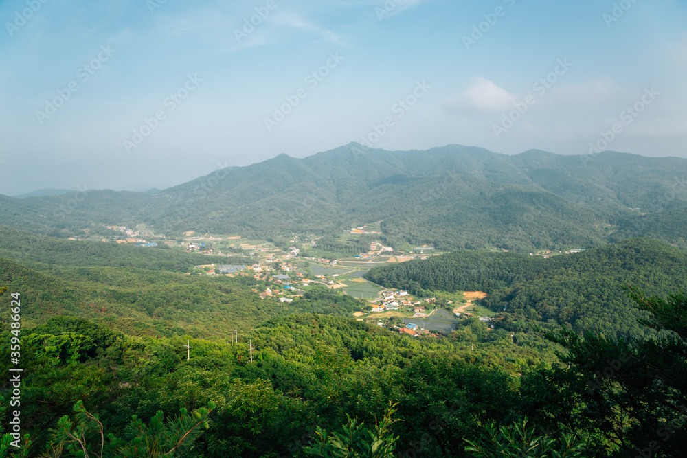 Obraz premium View of Ganghwado Island mountains from Goryeosan mountain Jeokseoksa temple in Incheon, Korea