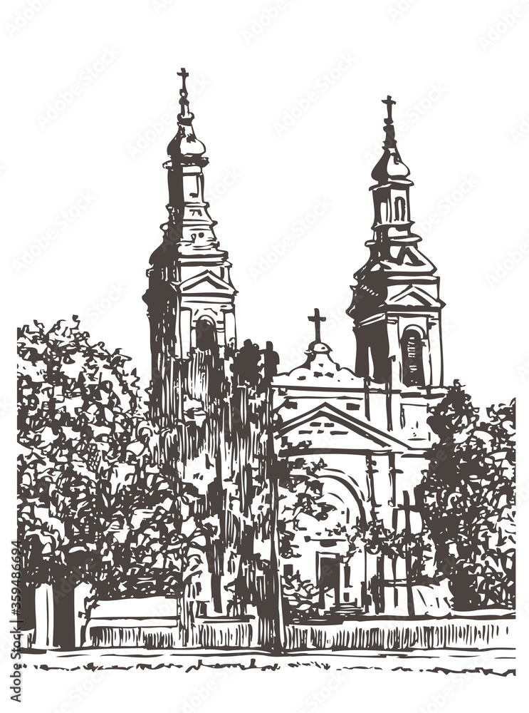 Catholic church, drawing with mascara. Graphic sketch.  Vector