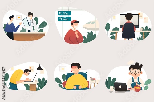 Freelancer character working from home at relaxed space. Freelance people working on laptops and computers from home. Flat style vector illustration of character working from home.