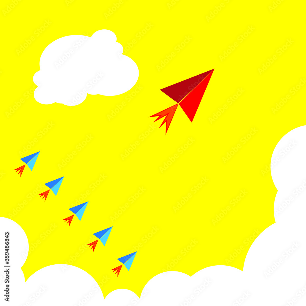Paper airplanes flying from clouds on blue sky. Paper art style of business teamwork creative concept idea.Vector illustration