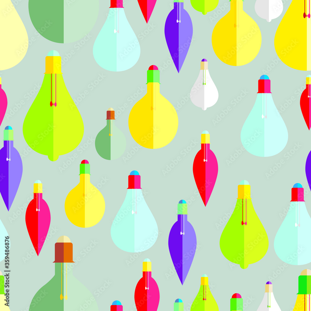 Set of hanging light bulbs with one glowing. Trendy flat vector light bulb icons with concept of idea on background. Copy space for your text Set of hanging light bulbs with one glowing. Trendy flat vector light bulb icons with concept of idea on background. Copy space for your text