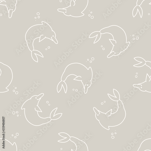 Seamless background dolphin with bubbles gender neutral baby pattern. Simple whimsical minimal earthy 2 tone color. Kids nursery wallpaper or boho cartoon animal fashion all over print.