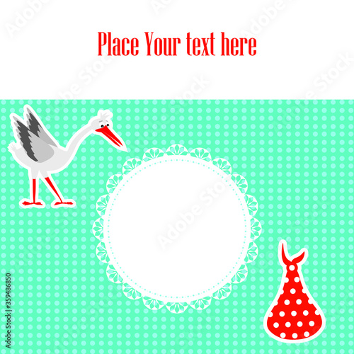 Cute baby announcement card. Vector illustration of a Happy Birthday Invitation with stork.