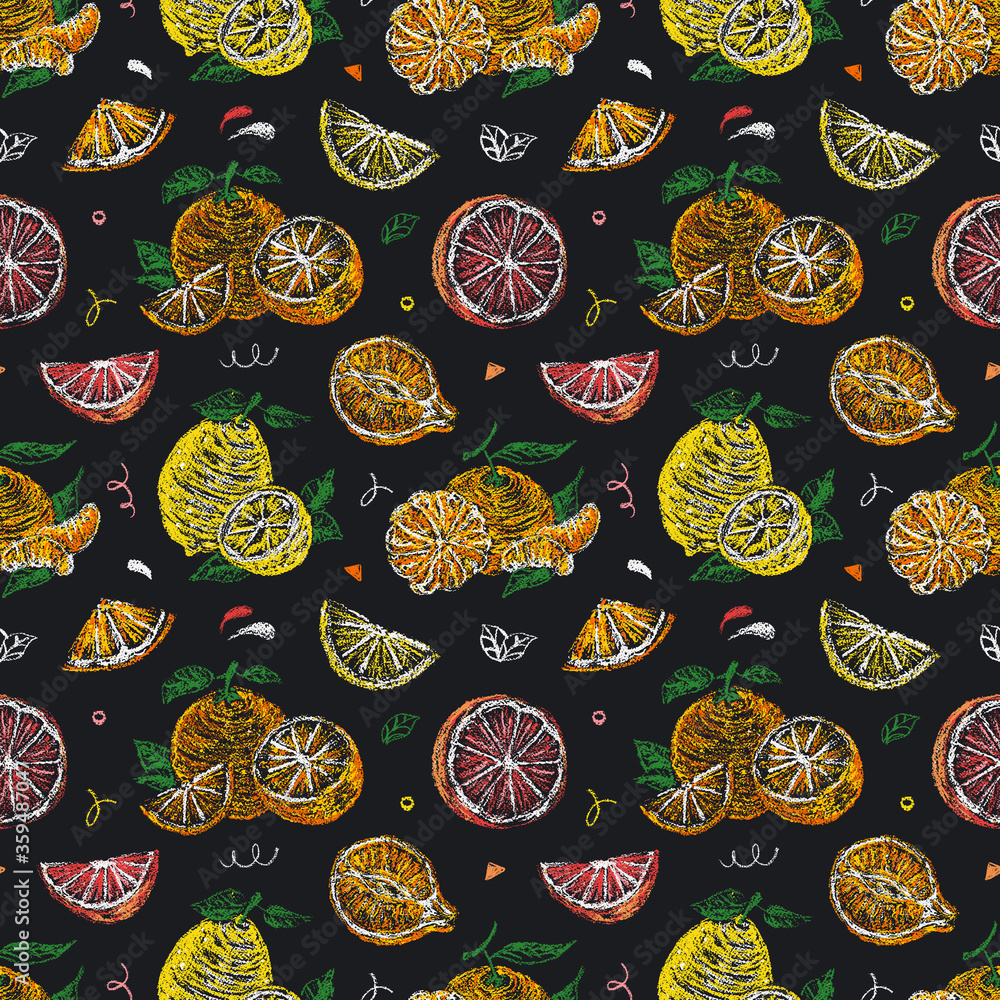 Citrus fruits hand drawn seamless pattern on chalkboard Citrus fruits hand drawn seamless pattern on chalkboard
