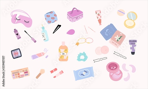 Set of various cosmetics. Cosmetic bag, hair bands, hairpins, lipstick, eye shadow, washing gel, mascara, cream, powder, sponge, mirror. Make up and body care concept. All elements are isolated. 