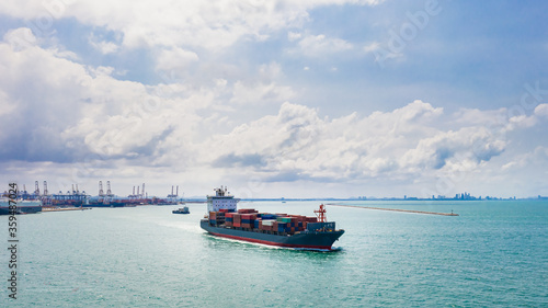 Container ship sailing the ocean, Business cargo logistics aerial view