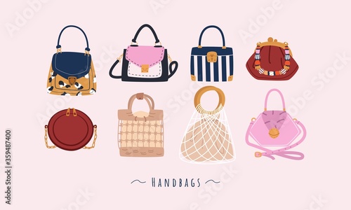 Set of stylish women's handbags.Trendy leather accessories of different types isolated on white background. Colorful vector illustration.
