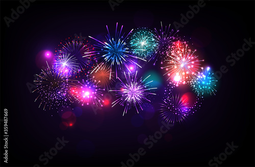 Congratulation illustration with Fireworks Blue Background. Vector Holiday Design for Premium Greeting Card, Party Invitation.