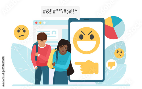 Cyber bullying people vector illustration. Cartoon flat sad bullied teen boy and girl surrounded by message bubbles, online dislike and hate messages, cyber bully mockery problem in social network