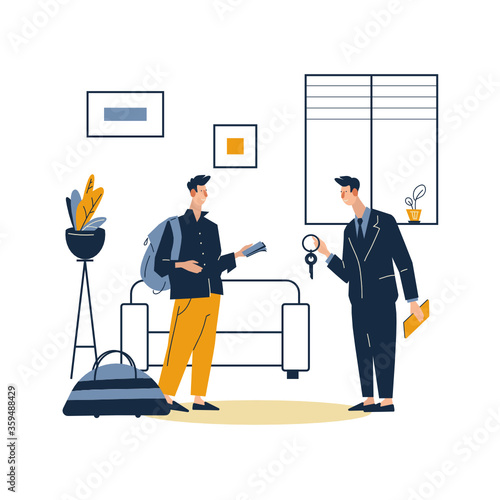 Realtor Selling or Renting House to Young Man. Make Deal with Owner of House Giving him Key for New Living Place. Flat cartoon vector illustration on white background.