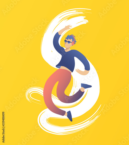 Handsome guy in glasses jumping. People enjoy their favorite music. Concept vector illustration in motion.