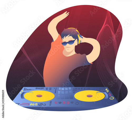 DJ guy in glasses and headphones character makes music in motion and fun. Night club, techno bar with strobe lighting