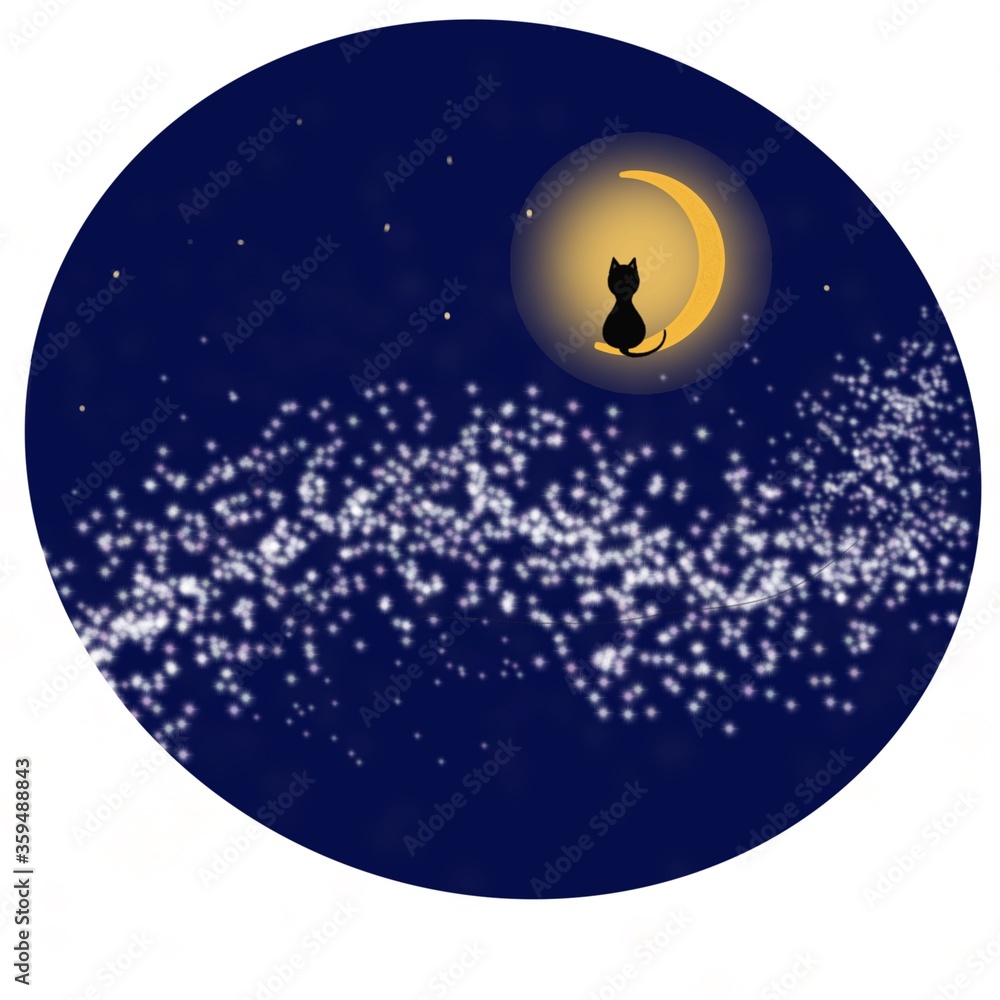 Fototapeta premium Digital illustaration of a starry night with the brihgt shining moon and milky way. A black cat sitting on the moon. Circle logo ctreate by proctreate.