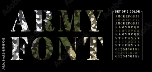 Set of army alphabets in 3 colors. Set of letter and numbers with camouflage background. Camouflage military stencil font isolated on black background. Vector illustration