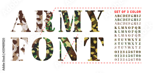 Set of army alphabets in 3 colors. Set of letter and numbers with camouflage background. Camouflage military stencil font isolated on white background. Vector illustration