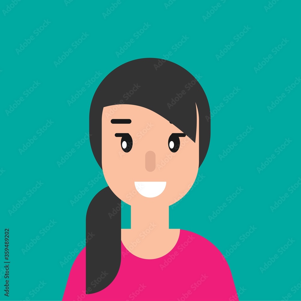 smiling girl avatar. cute smiling woman with black hair. flat icon on blue background.