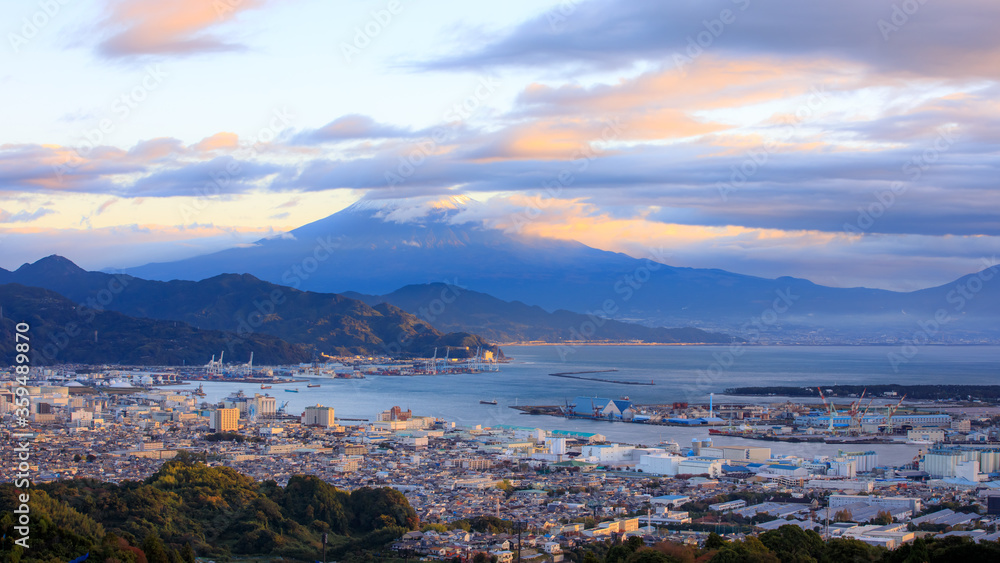 Cityscape and transport por and Fuji mountain background at morning japan