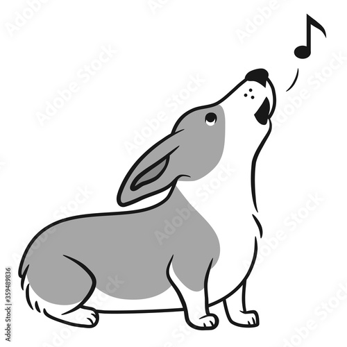 Howling corgi dog vector cartoon black and white illustration. Cute sitting friendly welsh corgi puppy isolated on white. Pets, animals, dogs theme design element in simple cartoon style.