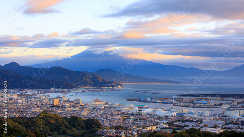 Cityscape and transport por and Fuji mountain background at morning japan