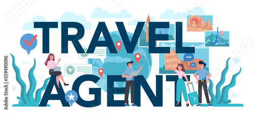 Travel agent typographic header concept. Office worker selling tour
