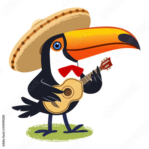 Cute happy toucan playing vihuela guitar wearing sombrero vector cartoon illustration. Mariachi music, entertainment, tropical vacation, fun and leisure, Mexican culture and heritage theme.