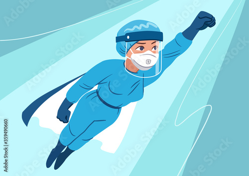 Young woman wearing medical personal protection suit with face shield, mask, gloves flying in superhero pose. Front line essential workers, medical staff, doctors fighting coronavirus pandemic.