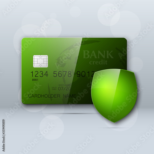 Protection shield Credit card. Safety badge banking icon. Defense safeguard finans icon. Security Plastic card software. Debit card guard electromagnetic chip. Privacy Electronic money funds transfer.