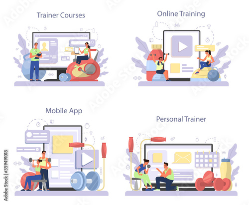 Fitness trainer online service or platform set. Workout in the gym