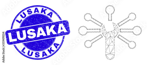 Web carcass wrench links pictogram and Lusaka seal stamp. Blue vector rounded distress seal stamp with Lusaka message. Abstract frame mesh polygonal model created from wrench links pictogram.