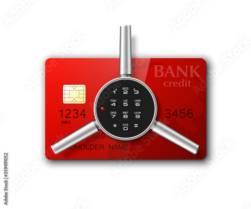 Credit card safe combination lock. Protection credit card. Safety badge banking. Defense finans. Security Plastic card software. Debit card electromagnetic chip Privacy Electronic money funds transfer