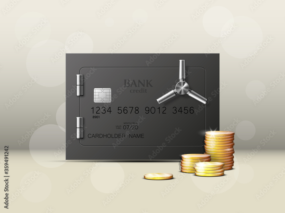 Credit card with Electronic lock picture. Bank door card with image