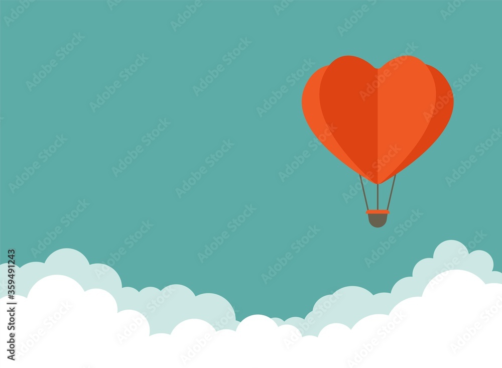 Fototapeta premium red heart air balloons flying in the blue sky with clouds. Flat cartoon horizontal background.