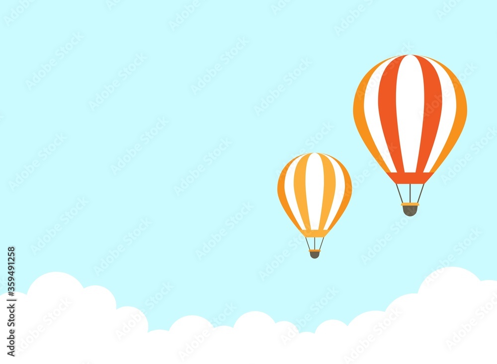 Orange hot air balloon flying in blue sky with clouds. Flat cartoon horizontal background.